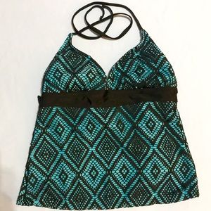 Catalina Swim Top Open Back Small Black Turquoise